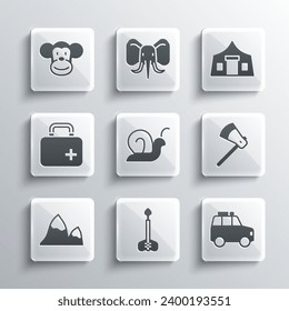 Set Arrow, Car, Wooden axe, Snail, Mountains, First aid kit, Monkey and Tourist tent icon. Vector