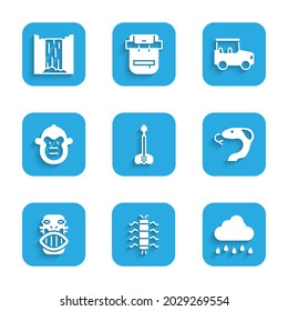 Set Arrow, Centipede insect, Cloud with rain, Snake, Mexican mayan or aztec mask, Monkey, Safari car and Waterfall icon. Vector