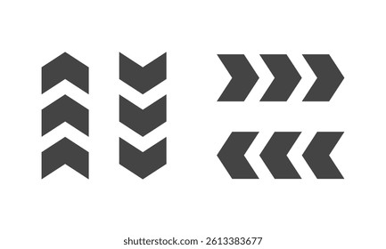 Set of Arrow Chevron Navigation. Left, Right, Up and Down Direction sign. Road signpost symbol. Vector llustration