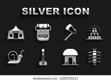 Set Arrow, Chichen Itza in Mayan, Centipede insect, African hut, Snail, Wooden axe, Tourist tent and Hiking backpack icon. Vector