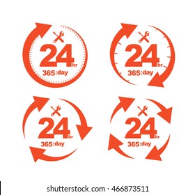 Set of Arrow Circle Service 24Hr 365 day Icon, Badge, Label or Sticker for Customer Service, Support or CRM Concept Isolated on White Background
