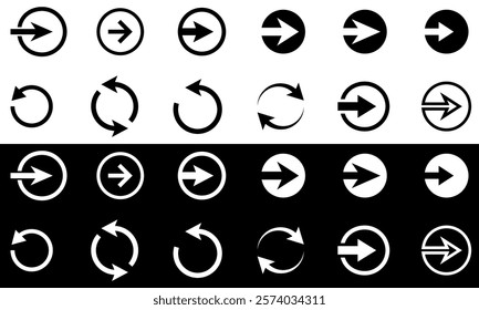 Set of Arrow and Circular Motion Icons. Vector illustration isolated on black and white background.