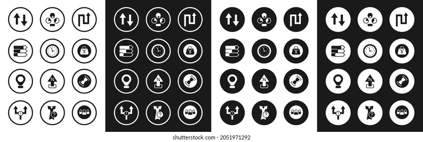 Set Arrow, Clock, Pie chart infographic, Shopping bag with Sale, Old hourglass sand and Location icon. Vector