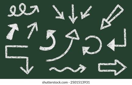 Set of arrow with crayon texture on green blackboard. Vector illustration 