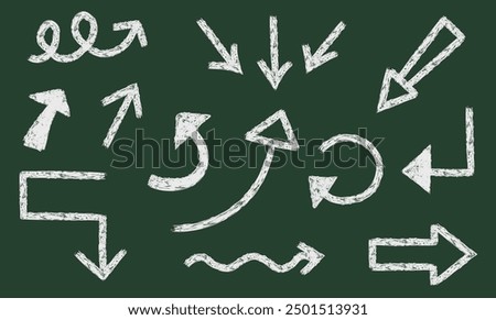 Set of arrow with crayon texture on green blackboard. Vector illustration 