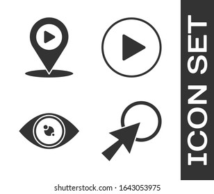 Set Arrow cursor, Digital media play with location, Eye and Play in circle icon. Vector