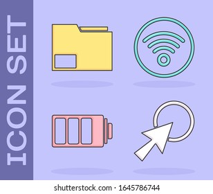 Set Arrow cursor, Document folder, Battery charge level indicator and Wi-Fi wireless internet network icon. Vector