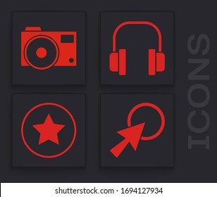 Set Arrow cursor, Photo camera, Headphones and Star icon. Vector