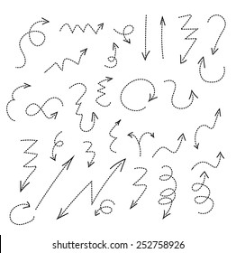 Set of arrow decoration line dash design elements vintage dividers in black color. Vector illustration. Isolated on white background. Doodle style.