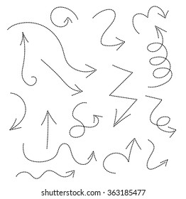 Set of arrow decoration line dash design elements vintage dividers in black color. Vector illustration. Isolated on white background. Doodle style.