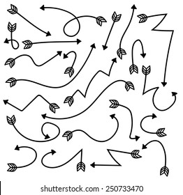 Set of arrow decoration line design elements vintage dividers in black color. Vector illustration. Isolated on white background. Doodle style.