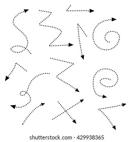 Set of arrow decoration line dot design elements vintage dividers in black color. Vector illustration. Isolated on white background. Doodle style.
