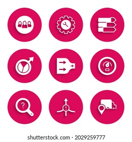 Set Arrow, Delivery tracking, Digital speed meter, Unknown search, Financial growth, Pie chart infographic and Project team base icon. Vector