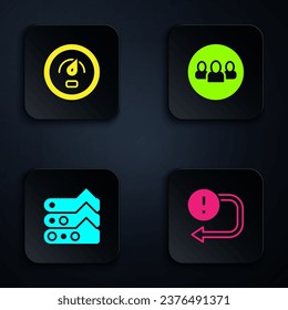 Set Arrow, Digital speed meter, Graph, chart, diagram and Project team base. Black square button. Vector