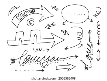 Set of arrow doodle with home and love text isolated on white background