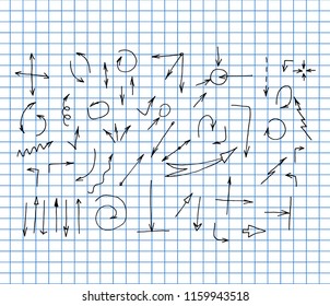 Set of arrow doodle on copybook background. Hand drawn vector arrows set. vector illustration.