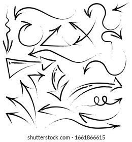 Set of arrow doodle on white background. Isolated hand drawn arrows set on a white background. Hand drawn arrow set, collection of black direction pencil sketch symbols, vector illustration.
