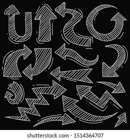 Set of arrow in doodle style isolated on black background, Vector hand drawn set arrow theme. Vector illustration