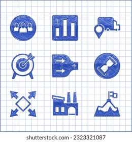 Set Arrow, Factory, Mountains with flag, Old hourglass sand, Many ways directional arrow, Target, Delivery tracking and Project team base icon. Vector