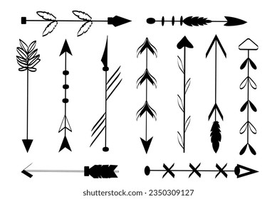 Conjunto de flecha en el diseño de dibujos animados planos. Una llamativa flecha negra con diferentes formas capturadas en un exquisito diseño de conjunto e ilustración detallada. Ilustración vectorial.