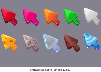 Set of arrow in flat cartoon design. A series of several arrows of different colors and textures in an incredible style. Vector illustration.