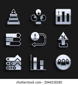 Set Arrow, Graph, chart, diagram, Project team base, Percent up arrow, Pie infographic,  and Pyramid infographics icon. Vector