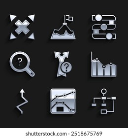 Set Arrow, Graph, chart, diagram, Hierarchy organogram, Pie infographic, Unknown search,  and Many ways directional arrow icon. Vector