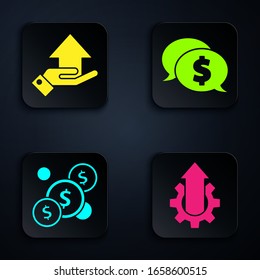 Set Arrow growth gear business, Money on hand, Coin money with dollar and Speech bubble with dollar. Black square button. Vector
