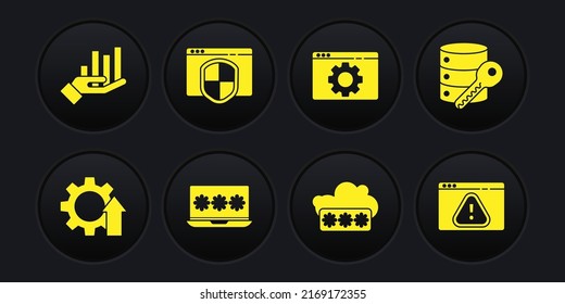 Set Arrow growth gear, Server security with key, Laptop password, Password protection, Browser setting, shield, exclamation mark and Pie chart infographic icon. Vector