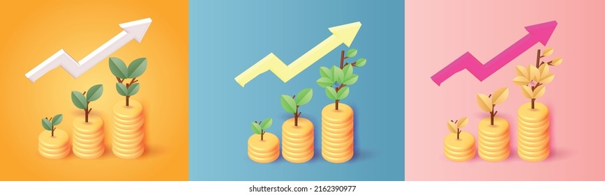 set arrow growth money tree coin plant for save money vector 3d banking income business