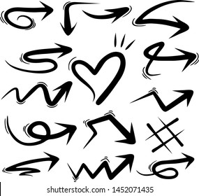 Set of Arrow Hand Drawn Design Element.Vector abstract black hand drawn arrows set on white background 