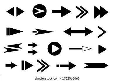 Pfeil-Symbol festlegen. Unterschiedliches Pfeile-Zeichen sammeln. Set von flachen Symbolen, Zeichen, Symbolen für Schnittstellendesign, Webdesign, Apps und mehr