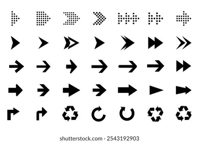 Definir ícone de seta. Sinal de setas diferentes da coleção. Setas vetoriais pretas. Coleção de ilustrações de vetor de setas.