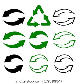 Set. Arrow icon. Recycle refresh reload sign. Circulation symbol. Vector graphics of website and application interface design.