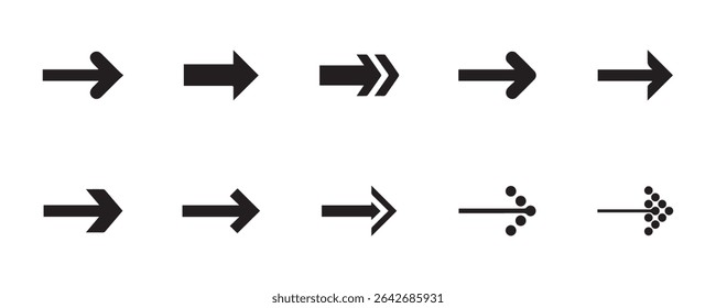 A set of arrow icon signs, symbols, and vector directional arrows. eps 10 vector illustration black forward up down and right left—flat design isolated on a white background.  