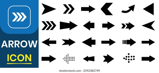 Set of Arrow icon, vector, silhouette. Arrow icon vector set. Contains symbol of various arrow head point shape, play, pause, next button symbol.  Vector illustration. 