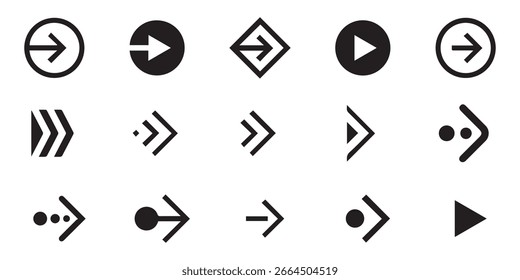 Un conjunto de iconos de flecha. Flechas Abstractas atrás Botón de negocios negro. Colección del Círculo de Elección. Conceptos Nuevos para el diseño del cursor. Diseño de Ilustración vectorial EPS. Lanzar signo y símbolo. Flecha direccional. 