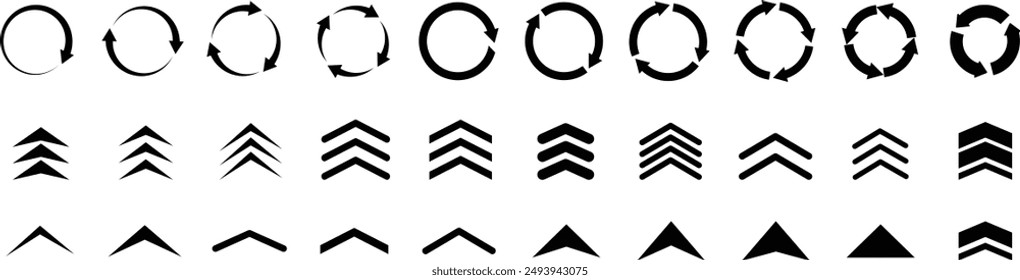 Set of arrow icons, arrows, rotate arrow, round circle recycle, swipe arrow symbol, circular rotation loading elements, swipe arrows black icons. Vector Illustration.