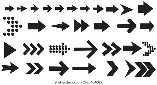 Definir ícones de seta. Sinal de setas de coleção. Conjunto de ícones de seta preta. Ícone de vetor de seta. Seta simples definida. Ilustração vetorial