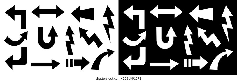 Set of arrow icons. Collection of black and white fill arrow signs and direction pointers in different styles. Vector illustration.