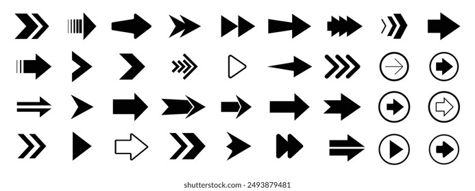 Setzen Sie Pfeilsymbole, Kollektion verschiedene Arten von Pfeilen Zeichen. Schwarze Vektorgrafiken-Pfeile, Pfeil-Symbol, moderne einfache Pfeile, Vektorgrafik-Illustration