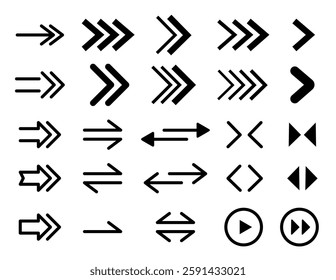 Set arrow icons. Collection different arrows sign. Set different cursor arrow direction symbols in flat style. Contains symbol of various arrow head point shape, play, pause, next button symbol.