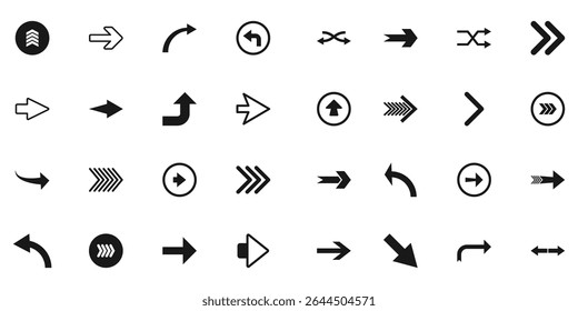 Set of arrow icons. Collection different arrows sign. Set different cursor arrow direction symbols in flat style. Black arrows icons on white background.