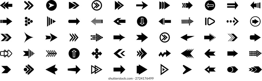 Conjunto de ícones de seta. Sinal de setas diferentes da coleção. Defina diferentes símbolos de direção de seta de cursor em estilo plano. Ícones de setas pretas. Ilustração vetorial.