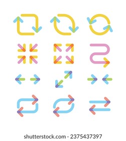 Set of arrow icons in colorful, simple, modern, minimalist style. Left, right, turn, right turn, left turn, down, up, zoom in, zoom out instructions.