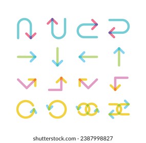 Set of arrow icons in colorful, simple, modern, minimalist style. turn, Left, right, right turn, left turn, down, up.
