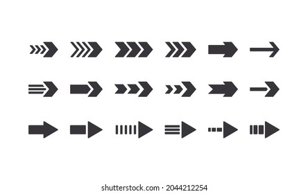 Set of Arrow Icons, Graphic Design Elements for Website Navigation, Right Direction Pointing Signs, Next Step, Simple Pictogram of Different Design Isolated on White Background. Vector Illustration