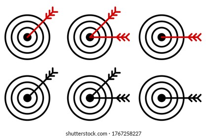 un conjunto de iconos de flecha golpean el medio del objetivo. Toma precisa. Lograr un objetivo en los negocios. Vector aislado sobre fondo blanco
