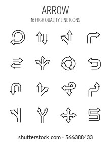 Set of arrow icons in modern thin line style. High quality black outline direction symbols for web site design and mobile apps. Simple arrow pictograms on a white background.