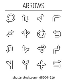 Set of arrow icons in modern thin line style. High quality black outline direction symbols for web site design and mobile apps. Simple arrow pictograms on a white background.